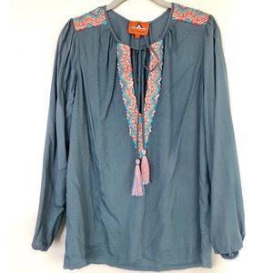 Pia Pauro Long Sleeve Embroidered Peasant Top